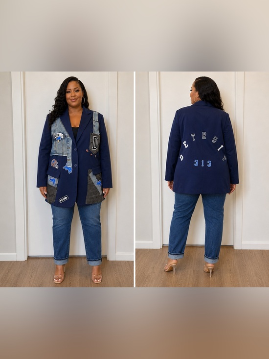 Upcycled Jackets & Blazers - Upcycled Detroit inspired Patchwork Navy Blazer size 16